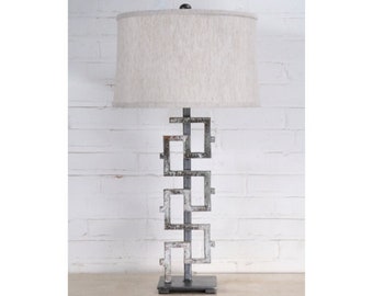 Handmade Iron Table Lamp with Linen Shade - Modern Rustic Greek Key Lighting (31")
