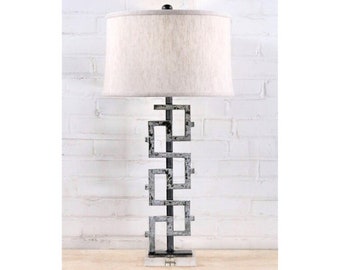 Handmade Iron Table Lamp with Linen Shade, Acrylic Base - Modern Rustic Greek  Lighting (31")