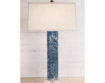Handmade Iron Table Lamp with Linen Shade, Acrylic Base - Modern Rustic Rectangle Lighting (32")