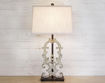Handmade Iron Table Lamp with Linen Shade - Modern Rustic Crown Lighting (29")