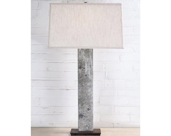 Handmade Iron Table Lamp with Linen Shade - Modern Rustic Rectangle Post Lighting (37")