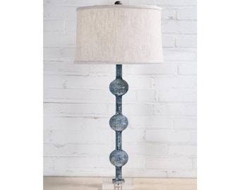 Handmade Iron Table Lamp with Linen Shade, Acrylic Base - Modern Rustic Spheres Lighting (33")