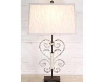 Handmade Iron Table Lamp with Linen Shade - Modern Rustic Heart Scroll Lighting (25")