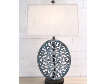Handmade Iron Table Lamp with Linen Shade –  Modern Rustic Filigree Lighting (27")