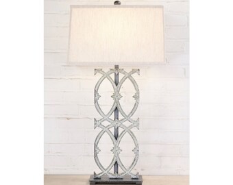 Handmade Iron Table Lamp with Linen Shade - Modern Rustic Cathedral Lighting (35")