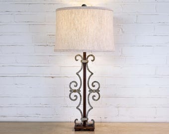 Handmade Iron Table Lamp with Linen Shade – Modern Rustic Scroll Lighting (30")