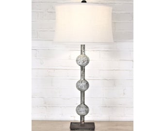 Handmade Iron Table Lamp with Linen Shade - Modern Rustic Spheres Lighting (33")