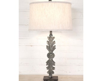 Handmade Iron Table Lamp with Linen Shade – Modern Rustic Leaf Lighting (29")