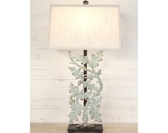 Handmade Iron Table Lamp with Linen Shade - Modern Rustic Oak Leaves Lighting (32")