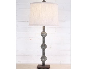 Handmade Iron Table Lamp with Linen Shade - Modern Rustic Spheres Lighting (28")