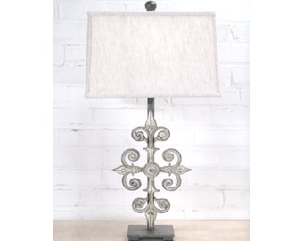 Handmade Iron Table Lamp with Linen Shade – Modern Rustic Cross Lighting (26")