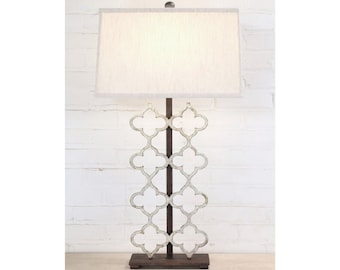 Handmade Iron Table Lamp with Linen Shade, Modern Rustic Quatrefoil Lighting (34")