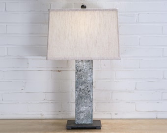 Handmade Iron Table Lamp with Linen Shade - Modern Rustic Rectangle Post Lighting (27")