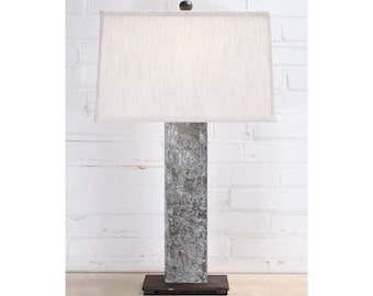Handmade Iron Table Lamp with Linen Shade - Modern Rustic Rectangle Post Lighting (27")