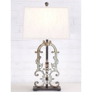French Country Table Lamp with Shade, Shabby Chic Accent Lamp, Handmade Lamp for Entryway, Living Room, or Bedroom, Ferro Designs