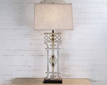 Handmade Iron Table Lamp with Linen Shade - Modern Rustic French Lighting (37")