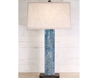 Handmade Iron Table Lamp with Linen Shade - Modern Rustic Rectangle Post Lighting (32")