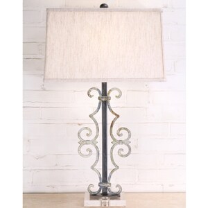 Handmade Antique Style Table Lamp with Acrylic Base and Linen Shade - Bedside, Living Room Lamp - Farmhouse Accent Lamp - Ferro Designs LLC