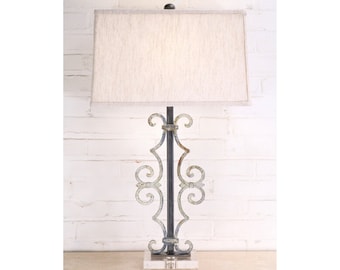 Handmade Iron Table Lamp with Linen Shade, Acrylic Base – Modern Rustic Scroll Lighting (30")