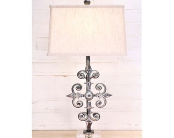 Handmade Iron Table Lamp with Linen Shade, Acrylic Base – Modern Rustic Cross Lighting (26")
