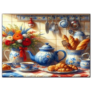 Kit fai da te per pittura con diamanti, decorazione per cucina, nuovo punto croce, caffè, teiera, pane, fiori, ricamo a mosaico completo.