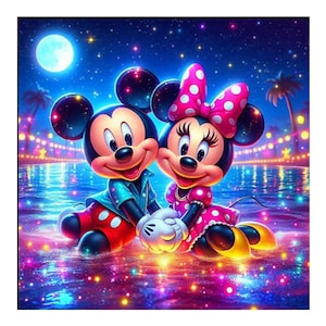 May include: A colourful illustration of Mickey Mouse and Minnie Mouse holding hands under a starry night sky with a full moon. Mickey wears a blue jacket and red trousers, while Minnie has a pink polka-dot dress and bow. The scene is lit by colourful lights.