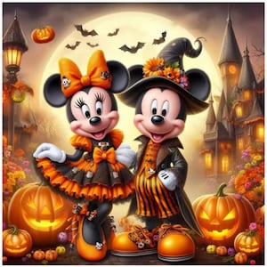 以下が含まれることがあります： ハロウィーンをテーマにしたイラストで、ミッキーとミニーマウスが仮装しています。ミニーはオレンジと黒のドレスにリボン、ミッキーは魔女の帽子とストライプの衣装を着ています。カボチャ、コウモリ、満月が不気味なシーンを完成させています。