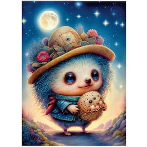 May include: A blue and white hedgehog wearing a brown hat with flowers and holding a brown spiky ball. The hedgehog is smiling and has big blue eyes. The background is a dark blue night sky with stars and a full moon.