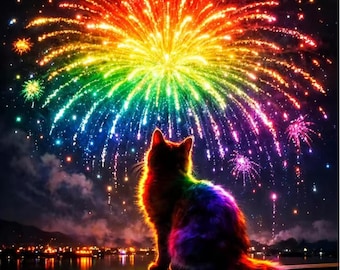 Diamond Painting Kit: Cat Fireworks Rhinestone Art (Full Embroidery)