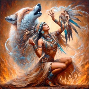 May include: An artistic depiction of a Native American woman in traditional attire, adorned with feathers and turquoise jewelry. A large wolf howls in the background. The artwork features warm tones of orange, brown, and blue, creating a mystical atmosphere.