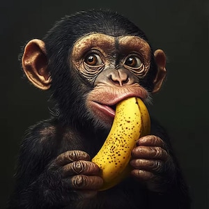 May include: A young chimpanzee with dark fur and expressive brown eyes holds a ripe yellow banana with brown spots. The primate has prominent ears and wrinkled skin around its face, while it is positioned against a dark, solid background.