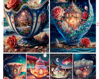 Diamond Embroidery Dream Teapot Rose Landscape Handicraft Mosaic Kitchen Diamond Painting Moon DIY Art Abstract house