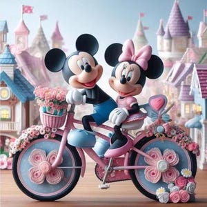 May include: A figurine of Mickey and Minnie Mouse riding a pink bicycle. The bike features a front basket filled with pink flowers, floral-patterned wheels, and additional flower decorations on the frame. The characters are depicted in their classic attire.