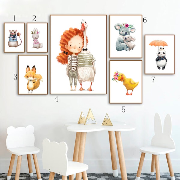 Mignonne Fille Koala Canard Renard Panda Lapin Art Mural Nordique Diy Diamant Peinture Mosaïque Broderie Aquarelle Enfants Chambre Décor