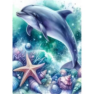 May include: A watercolour painting of a dolphin leaping from the ocean. The dolphin is a gradient of blues and greys. The seabed is filled with seashells, a starfish, and aquatic plants. The background is a mix of blues and greens.