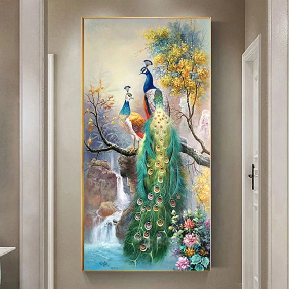 Couple Peacock Waterfall Landscape Large Diamond Painting 5d Diy Full Drill  Mosaic Embroidery Home Decor Mysterious 