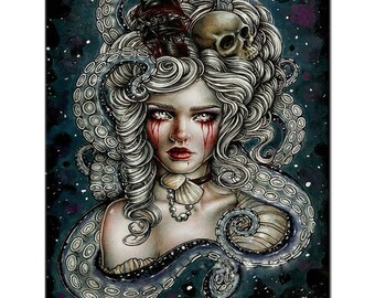 May include: A woman with white hair and red eyes is surrounded by an octopus. The octopus's tentacles are wrapped around her head and body. A skull sits on top of her head. The background is a dark blue with white stars.