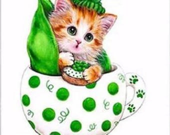 Cup Angel Cat Diamond Painting Kit, 5D DIY Embroidery