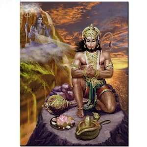 May include: A colorful painting depicting a Hindu deity, Hanuman, kneeling in prayer with his hands clasped together. He is wearing a golden crown and jewelry, and is surrounded by a variety of religious symbols, including a lotus flower and a conch shell. The background features a waterfall and a mountain.
