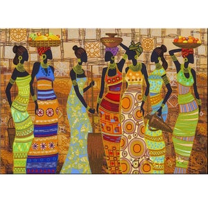 May include: A colourful painting of six women wearing vibrant patterned dresses and carrying baskets of fruit. The women are standing in front of a patterned background.