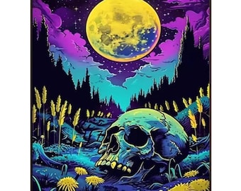 May include: A vertical digital art print featuring a large yellow full moon in a dark purple and blue night sky above a silhouette of a forest. In the foreground, a human skull rests in a field of yellow wildflowers and tall grasses.