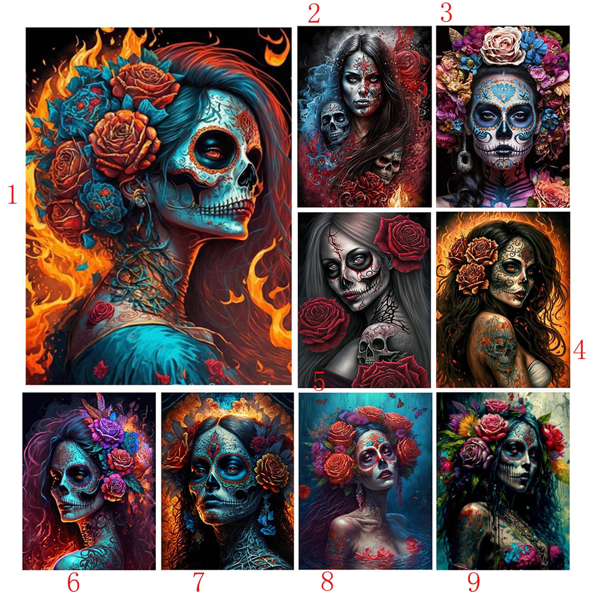 Day of the Dead Diamond Painting Coasters Kits with Holder, 8 Pcs
