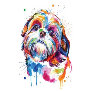 May include: A colorful watercolor painting of a Shih Tzu dog with a white face and brown fur. The dog's fur is painted in shades of pink, blue, green, orange, and yellow. The background is white with splashes of color.