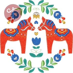 May include: Two red and white Dala horses facing each other, with blue, yellow, and green floral accents. The horses are surrounded by a wreath of green leaves and blue and white flowers.