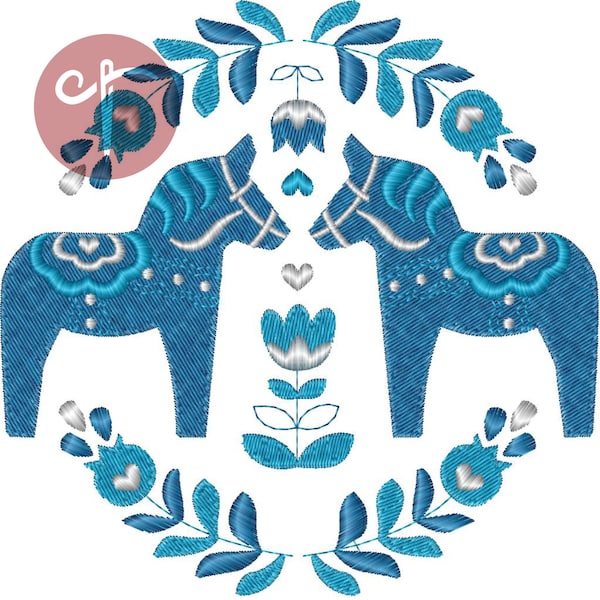 Embroidery digital design file- blue Dalarna horse scandinavian folk ethno flowers scene