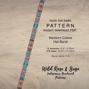 Może przedstawiać: Kolorowy wzór opaski na kapelusz z koralików o geometrycznym wzorze w kolorze turkusowym, czerwonym, czarnym i pomarańczowym. Tekst brzmi "PATTERN" i "Western Colors Hat Band". Wzór zawiera wymiary 2,03 cm i 47,43 cm.