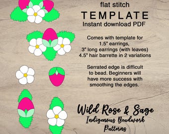Conjunto de patrones de cuentas de puntada plana de fresa / conjunto de aretes y pasador floral PDF plantilla de cuentas de semillas / plantilla indígena / bordado