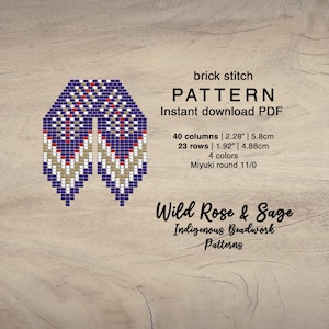 May include: A digital PDF pattern for brick stitch beadwork. The design features a symmetrical pattern in blue, red, white, and tan. The pattern includes 40 columns (2.28 inches/5.8cm), 23 rows (1.92 inches/4.88cm), and uses 4 colors. Text reads "Wild Rose & Sage Indigenous Beadwork Patterns."