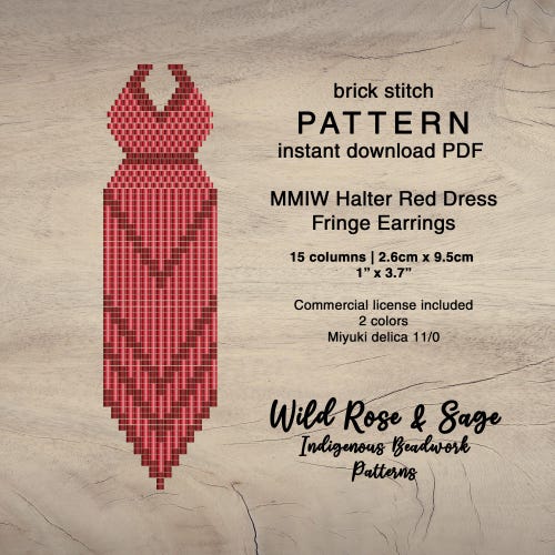 MMIW stolen sisters red dress halter seed bead fringe earring pattern | Brick stitch seed beaded pattern | indigenous western fringe earring
