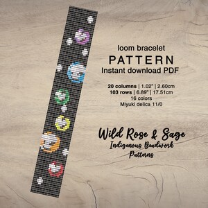 May include: A loom bracelet pattern featuring a colorful design with a black background. The pattern is for a bracelet that is 1.02 inches wide and 6.89 inches long. The pattern is made with Miyuki delica 11/0 beads and uses 16 colors. The pattern is called "Wild Rose & Sage" and is an Indigenous Beadwork pattern.